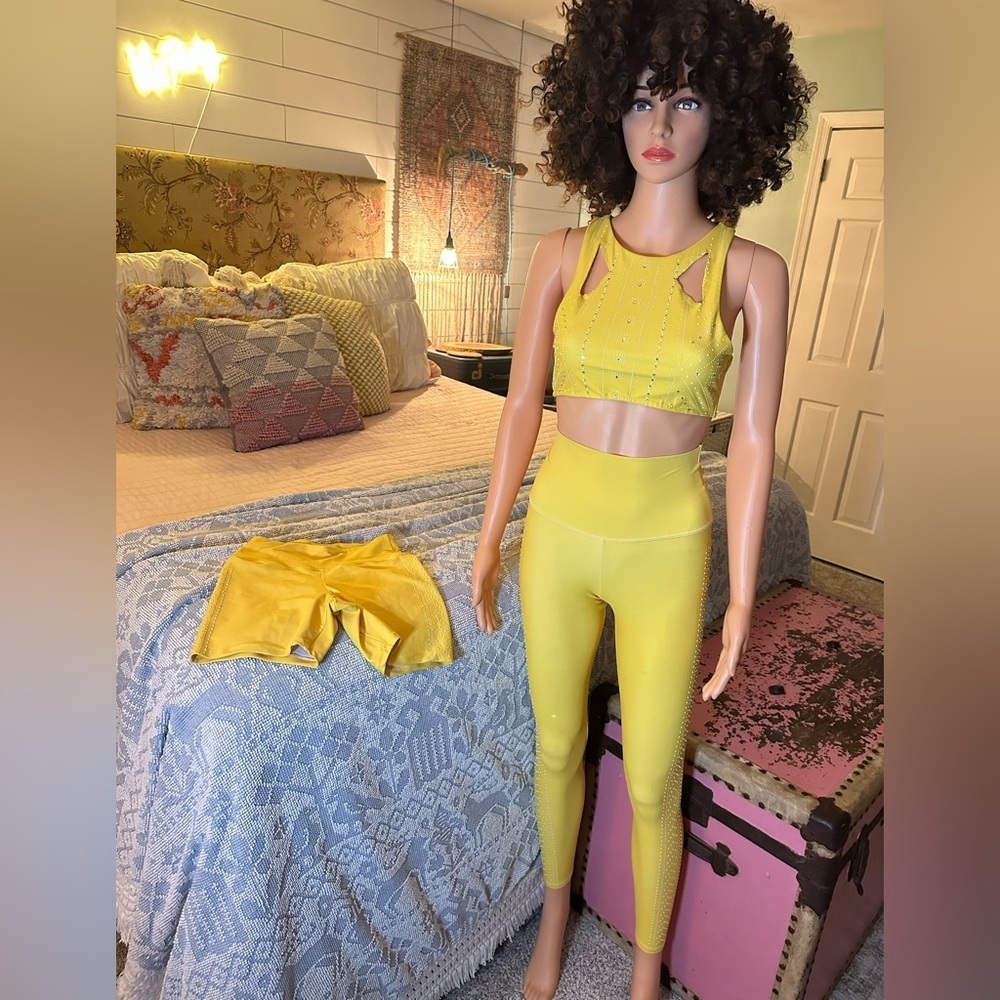 Beach Riot Yellow Activewear 3 Piece Set altered w/Rhinestone Detail Sz S and M